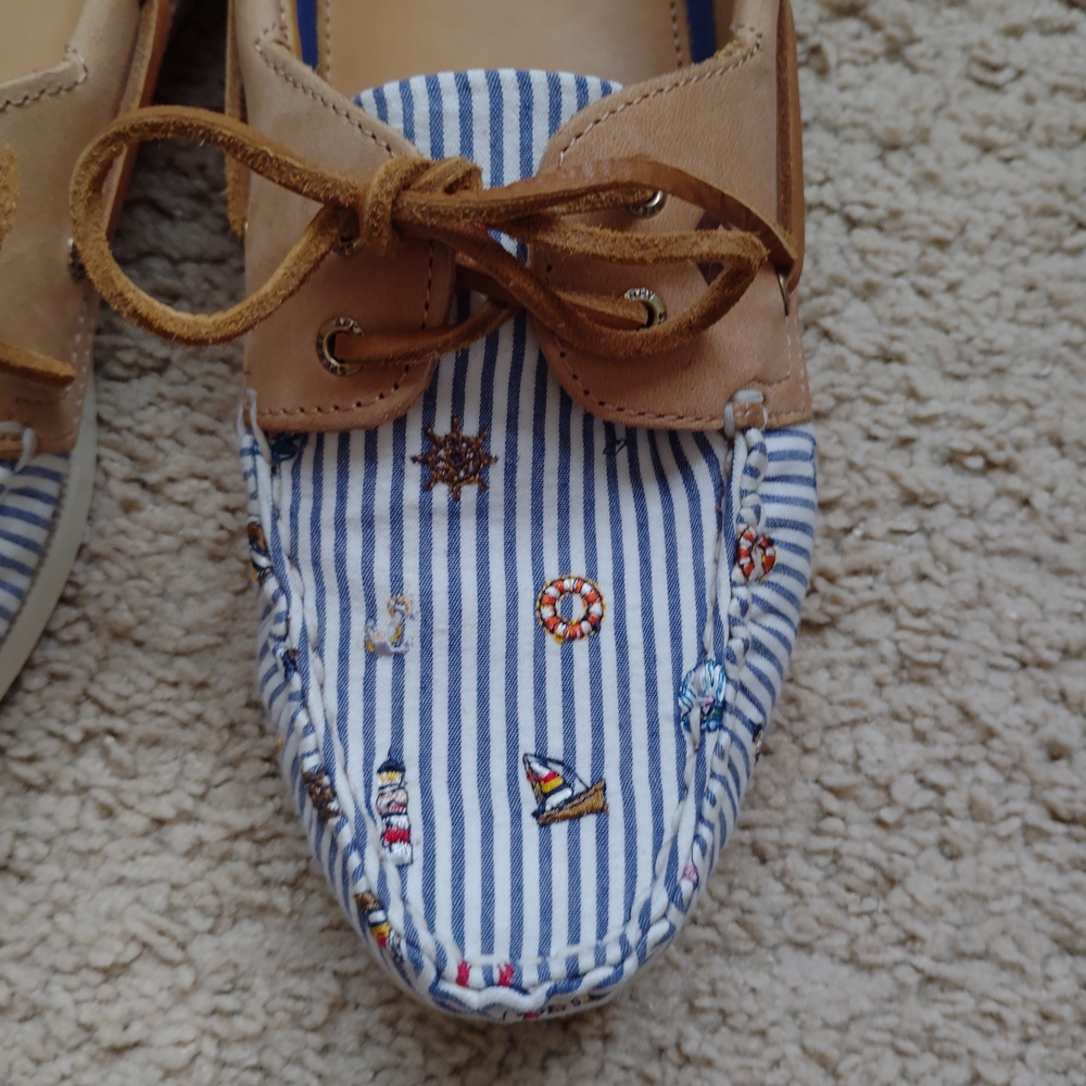 Sperry Women's Tan and Blue Striped Boat Shoes - Picture 6 of 7